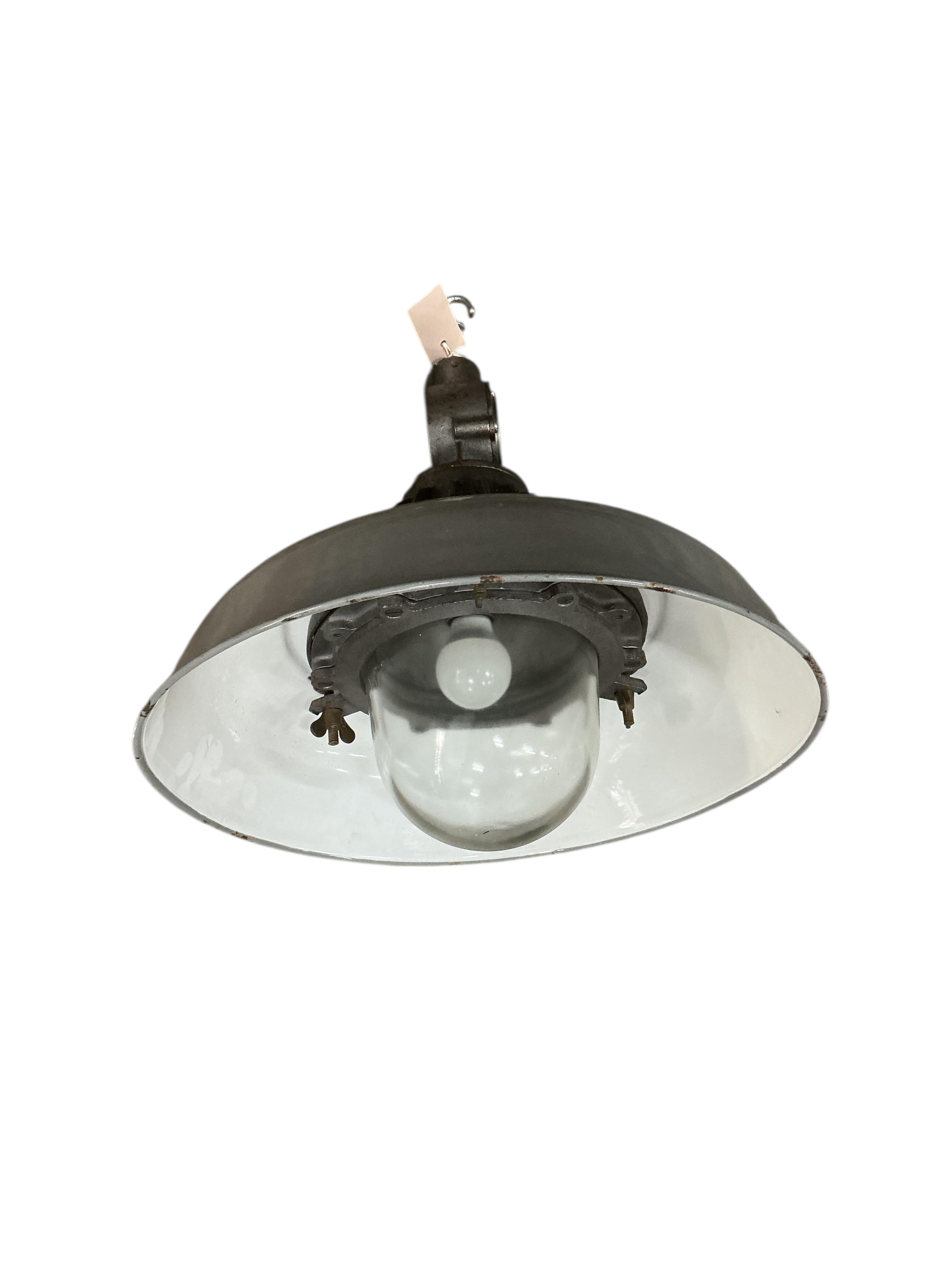 A pair of vintage GEC grey enamel pendant ceiling lights, diameter 44cm, height 48cm